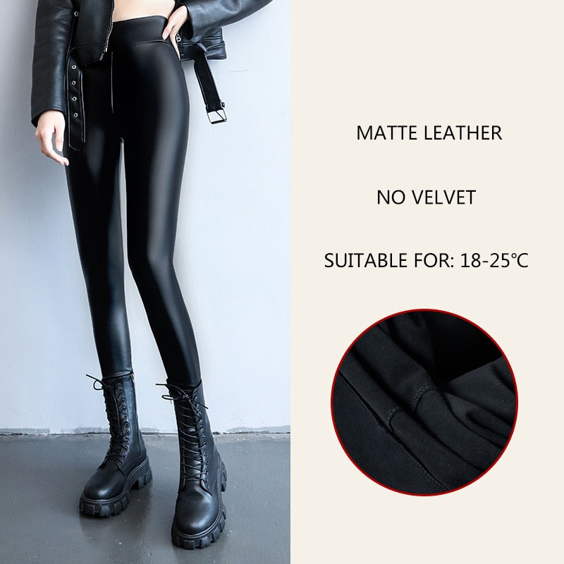 Leggings femininas 2023 Primavera Verão moda coreana cintura alta calças de couro sintetico preto