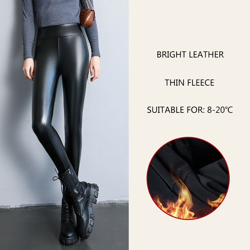 Leggings femininas 2023 Primavera Verão moda coreana cintura alta calças de couro sintetico preto