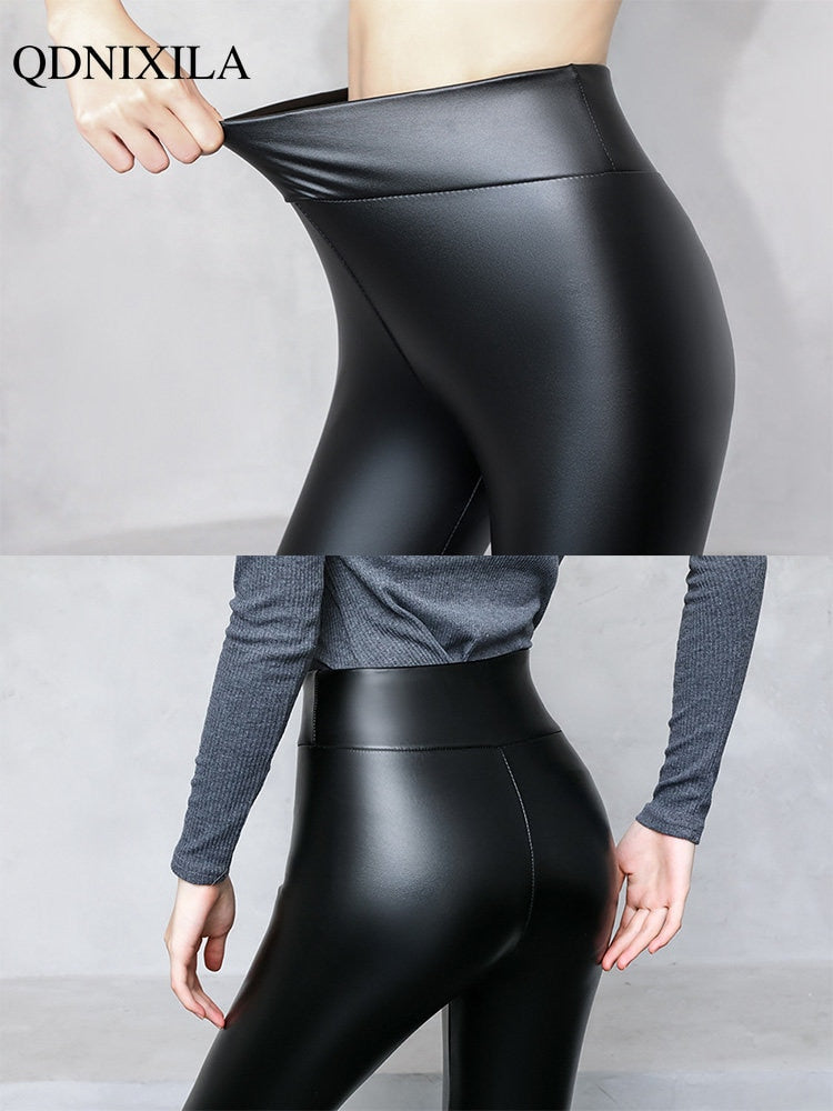 Leggings femininas 2023 Primavera Verão moda coreana cintura alta calças de couro sintetico preto
